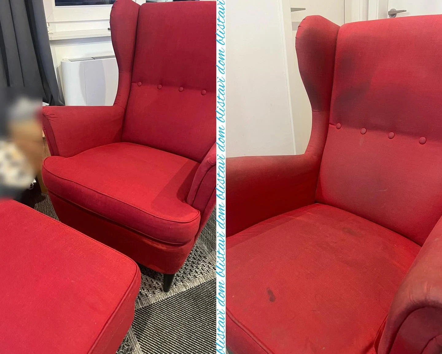 Crvena fotelja prije i nakon dubinskog čišćenja